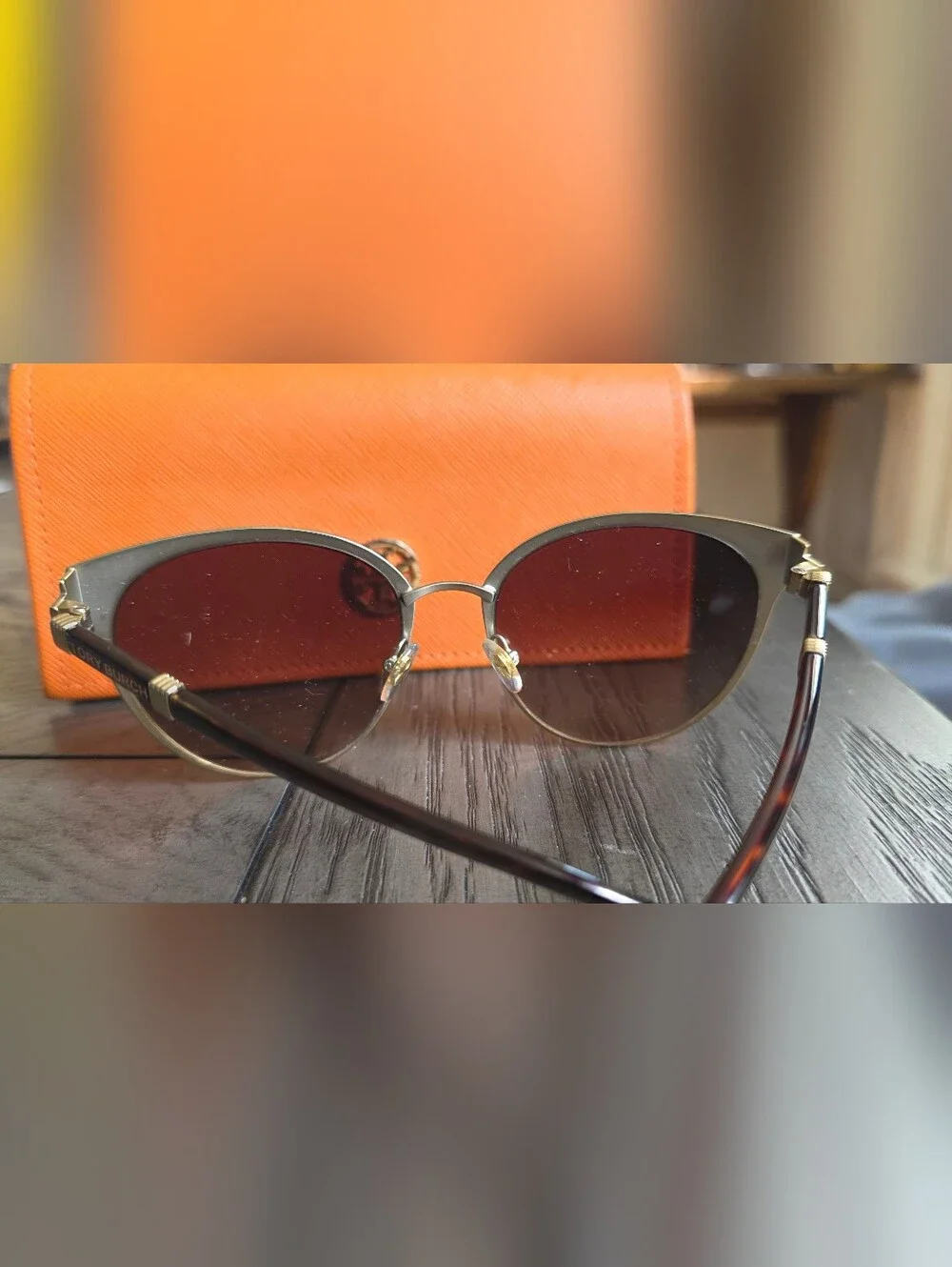 Tory Burch Gold Frame Sunglasses with Brown Lenses and Orange Case